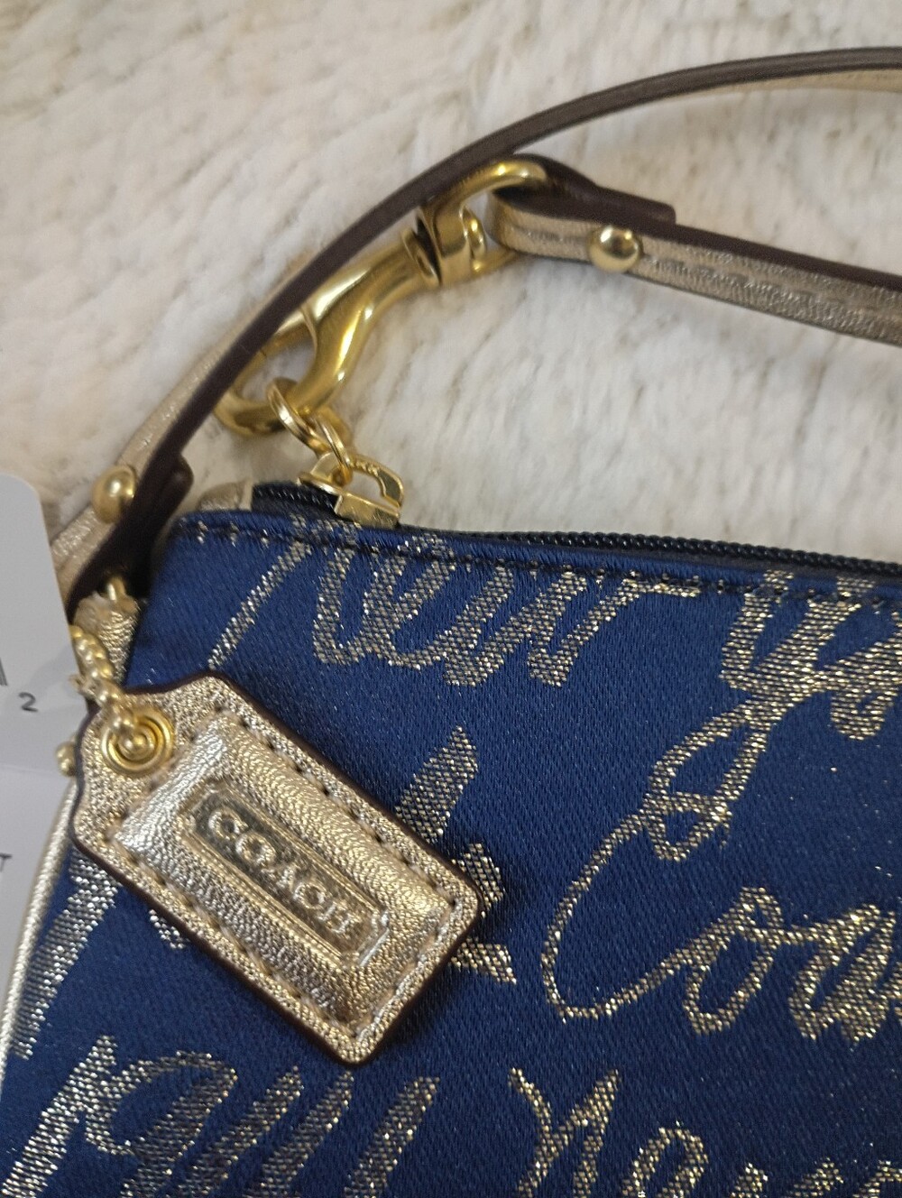 Coach BNWT Navy Blue and Gold Script Wristlet Clutch - Picture 4 of 10